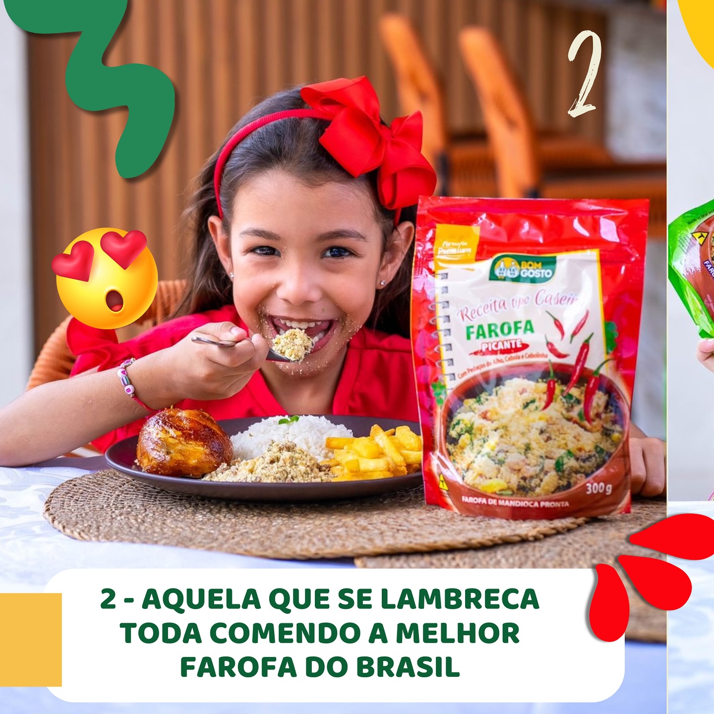 Garota saboreando Farofa Picante Bom Gosto durante uma refeição